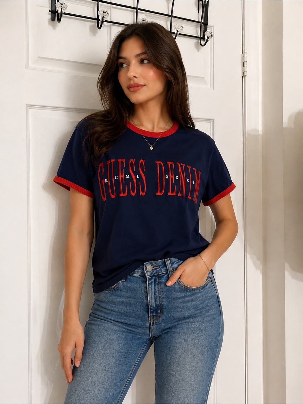 Guess Navy Tee with Red Trim and Logo